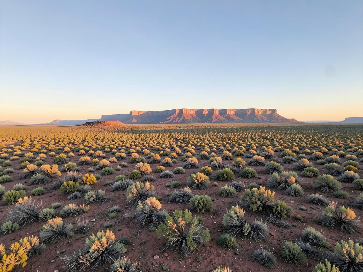 High desert land with distant mesa at dawn