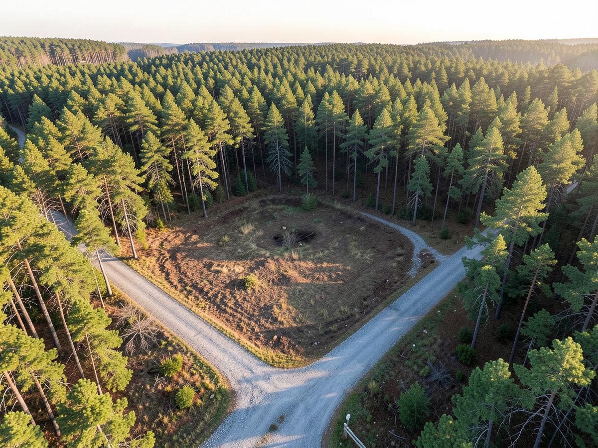 Forested acreage with a cleared building site and gravel road